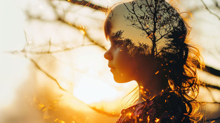 The closeup double exposure between the caucasian young girl and the beautiful vividly nature that the picture, it stands for the peaceful of the life or relaxation with the beautiful nature. AIGX01.の素材