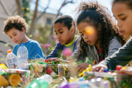 A group of happy children are gathered around a table, smiling and sharing Easter eggs from storage baskets. The toddlers and babies are having fun at this leisure event, building memories togetherの素材