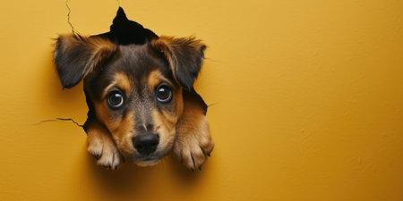 Close up view picture of the hollow yellow hole on the the wall that show the dog stay inside the wall that has been made from some material yet still can break to look through the other side. AIGX03.の素材