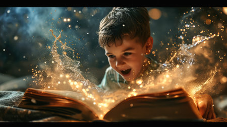 The young human that can be called child that staring and looking to the magical book that turing the pages by itself with magical power and colourful bright effect that reflected child face. AIGX03.の素材