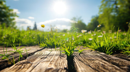The picture of the wood table in the middle of the forest that surrounded with an uncountable amount of tree and plant in the forest with a bright light from the brightest sun of the daytime. AIGX03.の素材