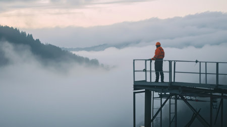 A construction worker stands on an elevated platform, overseeing a foggy industrial site, ensuring safety and project progress. AIG41の素材