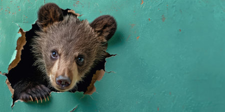 Close up view picture of the hollow green hole on the the wall that show the bear stay inside the wall that has been made from some material yet still can be break to look through other side. AIGX03.の素材