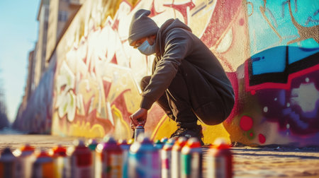 A man leisurely creates art on a wall with spray paint, using vibrant electric blue and magenta to form a captivating pattern. AIG41の素材