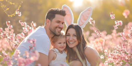 A happy family wearing bunny ears is sitting in a field of flowers, smiling and sharing gestures of joy in the natural landscape. Fun adaptation to nature, people enjoying the grassy surroundingsの素材