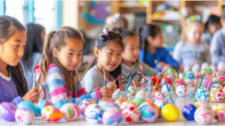 A toddler is sitting at a table happily painting Easter eggs, showcasing his adaptation skills and having fun in a leisure activity. His smile shows he is enjoying the recreation time AIG42Eの素材