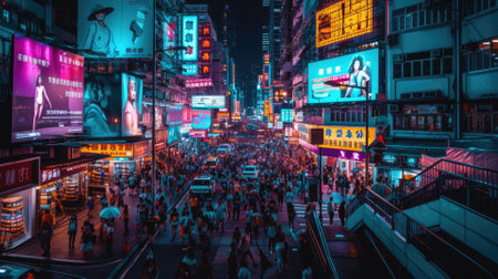 This image presents a stunning night-time cityscape bathed in neon lights, with reflections on streets creating a futuristic atmosphere. Resplendent.の素材