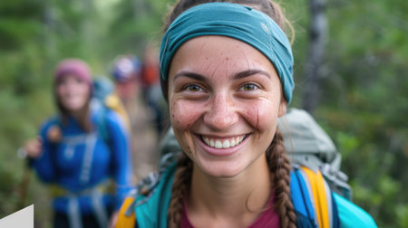 A happy woman wearing backpack and water on her face, smiling with cool water drops on her nose, eyebrows, eyelashes, and jaw, enjoying her travel adventure with stylish eyewear. AIG41の素材