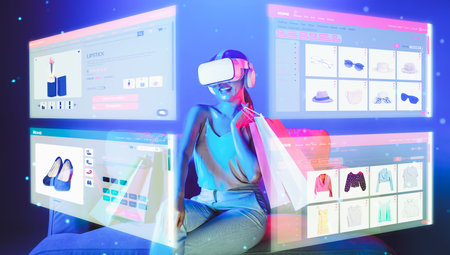 Smart female sitting on sofa while wearing VR headset connecting metaverse, future cyberspace community technology. Elegant woman enjoy opening online store menu shop luxury product. Hallucination.の写真素材