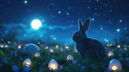 A Mountain Cottontail rabbit is resting in the grass with Easter eggs in front of a full moon AIG42Eの素材