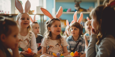 A group of young girls wearing bunny ears are sitting around a table, sharing Easter eggs and building art. The tableware on the shelf sets the scene for a fun and leisurely event in the room AIG42Eの素材
