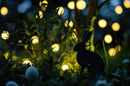 A rabbit is perched in the natural landscape of grass, beside an Easter egg. The scene combines elements of plant life and a festive event AIG42Eの素材