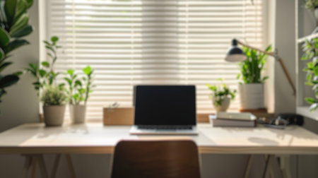 Soft focus on a home office setup with stylish furnishings and indoor plants. Resplendent.の写真素材