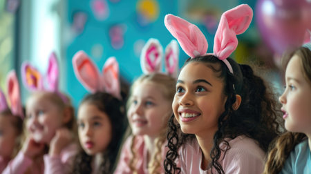 A group of young girls wearing bunny ears are sitting around a table, sharing Easter eggs and building art. The tableware on the shelf sets the scene for a fun and leisurely event in the room AIG42Eの素材