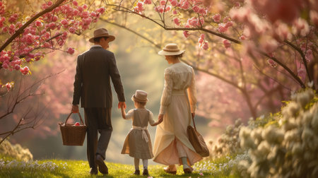 An art piece depicting a family enjoying a day at the park, walking under the sun hats and trees, surrounded by green grass. A fun outdoor recreation event in a beautiful landscape AIG42Eの素材