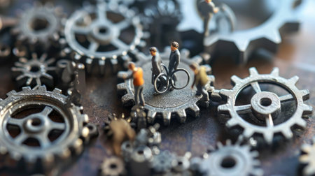 The miniature varies group of employed people that standing still on the uncompleted cogwheels trying to work together to find the solution for varies problems that they talking to each other. AIGX03.の素材