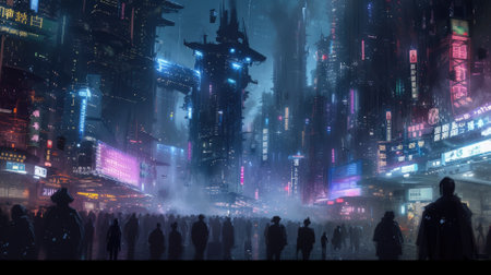 Futuristic city glows with soft hues, complemented by the sleek design of hovering vehicles above the vibrant skyline. Resplendent.の素材