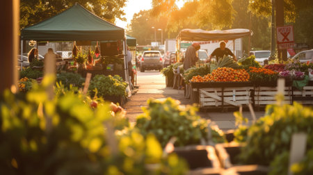 An early morning farmers market scene, bustling with vendors and customers, fresh produce on display, capturing the essence of local commerce and community. Resplendent.の素材