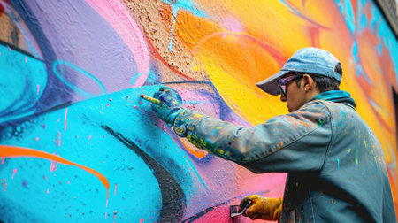 An artist painting a mural on an urban wall, colorful street art, creative expression in a city environment. Resplendent.の素材