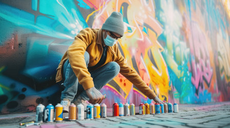 A man leisurely creates art on a wall with spray paint, using vibrant electric blue and magenta to form a captivating pattern. AIG41の素材