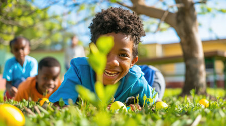 A group of happy children are playing with Easter eggs under a tree in the park, surrounded by green grass. They laugh and have fun, like characters in a cartoon AIG42Eの素材