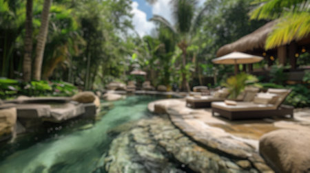 Blur background of luxurious resort spa relaxation area amidst dense tropical greenery. Resplendent.