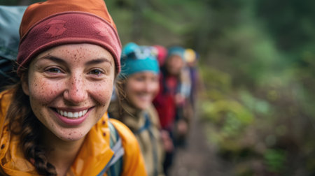 A happy woman wearing backpack and water on her face, smiling with cool water drops on her nose, eyebrows, eyelashes, and jaw, enjoying her travel adventure with stylish eyewear. AIG41の素材