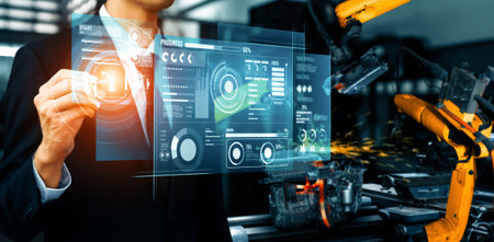 XAI Advanced robot arm system for digital industry and factory robotic technology. Automation manufacturing robot controlled by industry engineering using IOT software connected to internet network.の写真素材