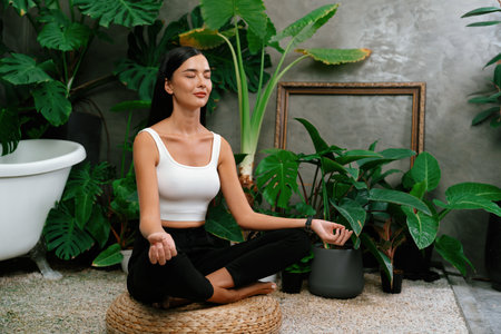 Young woman doing morning yoga and meditation in natural garden with plant leaf, enjoying the...