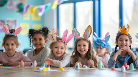 happy girls with flower crowns are smiling at a table adorned with Easter eggs, sharing in the joy of a fun arts and crafts event AIG42Eの素材