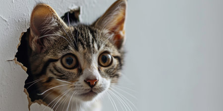 Close up view picture of the hollow white hole on the the wall that show the cat stay inside the wall that has been made from some material yet still can be break to look through other side. AIGX03.の素材
