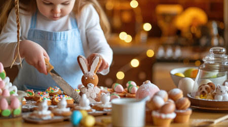Two toddlers with bunny ears are sharing the joy of baking cookies in a kitchen, surrounded by food, tableware, and a view of the window AIG42Eの素材