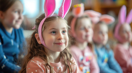A group of young girls wearing bunny ears are sitting around a table, sharing Easter eggs and building art. The tableware on the shelf sets the scene for a fun and leisurely event in the room AIG42Eの素材