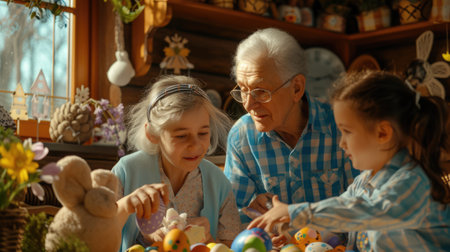 The elderly couple, young boy, and fruit are at the table sharing natural foods while decorating Easter eggs. Its a fun and festive art event in the room AIG42Eの素材