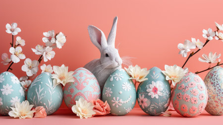 At the creative arts event, there are Easter eggs hidden among the grass and a paper bunny made with intricate art designs. The festive font and flower decorations make everyone happy AIG42Eの素材