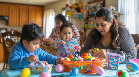 A family is sharing a fun cooking activity in the kitchen, decorating Easter eggs with their toddler. Its a mix of art and cuisine, creating lasting memories through food and creativity AIG42Eの素材