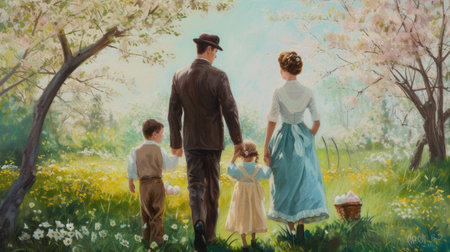 An art piece depicting a family enjoying a day at the park, walking under the sun hats and trees, surrounded by green grass. A fun outdoor recreation event in a beautiful landscape AIG42Eの素材