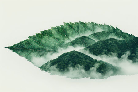 leaf double exposure with beautiful nature background showing concept of sustainability and environmental conservation. aigx04の素材