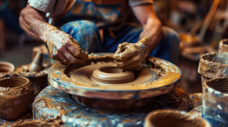 Close-up of an artisans hands skillfully shaping wet clay on a spinning pottery wheel, surrounded by tools and unfinished pieces. Resplendent.の素材