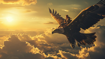 The side view of the picture that has the child flying into the bright sky with the flying object that has been called the eagle yet the size of the eagle so big when compare with the child. AIGX03.の素材