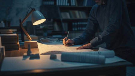 An architect works attentively on architectural drawings late at night in a dimly lit office, surrounded by models and blueprints. AIG41の素材