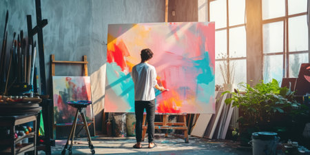 An artist painting in a sunlit studio, canvas filled with vibrant colors, capturing the creative process. Resplendent.の素材
