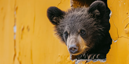 Close up view picture of the hollow yellow hole on the the wall that show the bear stay inside the wall that has been made from some material yet still can be break to look through other side. AIGX03.の素材
