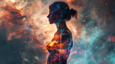 The double exposure picture of adult female human with galaxy or universe in great enormous space that starring into beautiful bright galaxy space that filled with uncountable amount of star. AIGX03.の素材