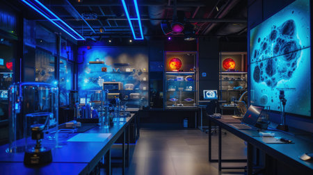 The interior design of this large room includes tables, stools, and a wall-mounted screen, creating a functional and stylish space with furniture and fixtures. AIG41の素材