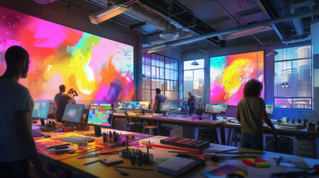 A man is using a computer in an office building, surrounded by tables, paintings, and art in a magenta-themed room. AIG41の素材