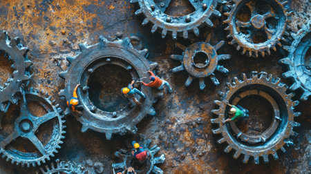 The miniature varies group of employed people that standing still on the uncompleted cogwheels trying to work together to find the solution for varies problems that they talking to each other. AIGX03.の素材
