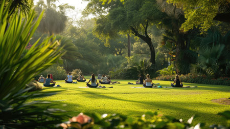 A serene outdoor yoga class in progress, with individuals practicing poses on mats in a lush garden during golden hour. AIG41の素材