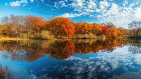 Crisp autumn colors reflected perfectly in the still waters of a serene lake, with a backdrop of a clear blue sky and fluffy clouds. Resplendent.の素材