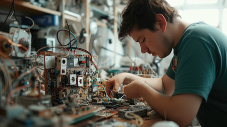 An engineer is skillfully assembling a motherboard in a workshop, showcasing their technical expertise and dedication to the art of building. AIG41の素材